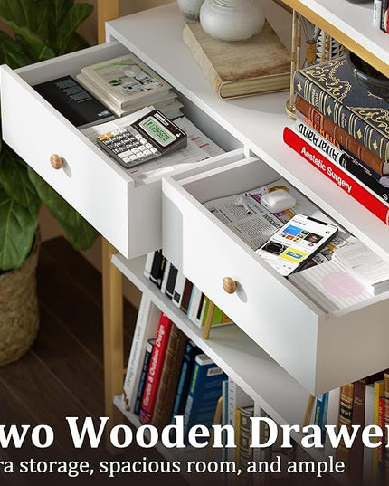 Bookshelf with Drawers- Widen Industrial Book Shelf with Bookend, 5 Tiers Tall Storage Shelves, Steel Frame Display Rack, Suitable for Bedroom, Office, Living Room-27'' Depth White - LeafyLoom