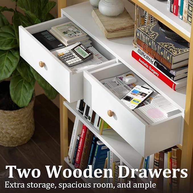 Bookshelf with Drawers- Widen Industrial Book Shelf with Bookend, 5 Tiers Tall Storage Shelves, Steel Frame Display Rack, Suitable for Bedroom, Office, Living Room-27'' Depth White - LeafyLoom