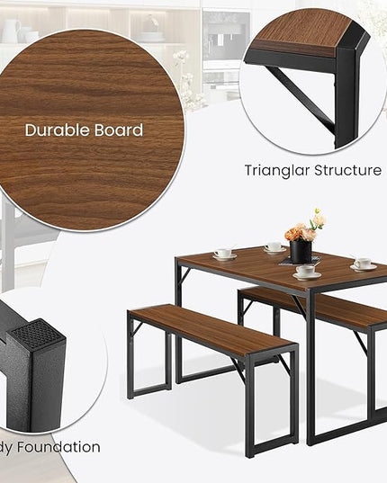 SHA CERLIN 3-Piece Dining Table Set with 2 Benches, Rustic Kitchen Table Set for 4-6, Space-Saving Dinette, Sturdy Structure, Easy Assemble, Walnut/Black - LeafyLoom