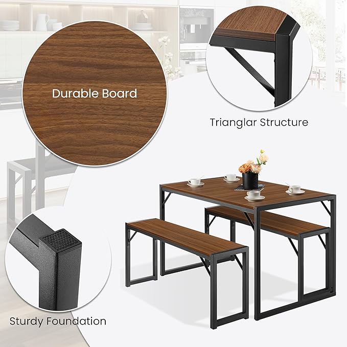SHA CERLIN 3-Piece Dining Table Set with 2 Benches, Rustic Kitchen Table Set for 4-6, Space-Saving Dinette, Sturdy Structure, Easy Assemble, Walnut/Black - LeafyLoom