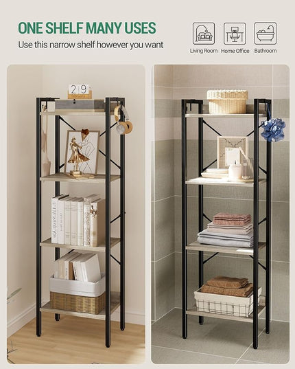 Bookshelf, Book Shelf, Industrial Bookcase with 2 Hooks, Coner Shelf Storage Organizer for Home Office, Living Room, Bedroom, Kitchen, 4-Tier Greige BC10405B - LeafyLoom