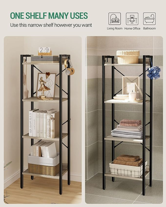 Bookshelf, Book Shelf, Industrial Bookcase with 2 Hooks, Coner Shelf Storage Organizer for Home Office, Living Room, Bedroom, Kitchen, 4-Tier Greige BC10405B - LeafyLoom