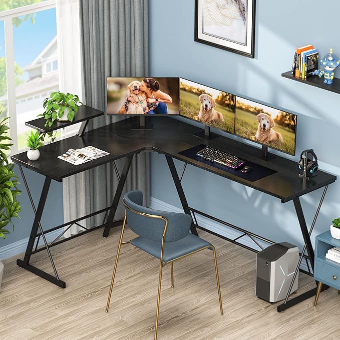 Mr IRONSTONE 63" L Shaped Computer Desk, Corner Desk, Home Office Desk, Gaming Writing Workstation with Large Monitor Stand, Easy to Assemble, Black Willow - LeafyLoom