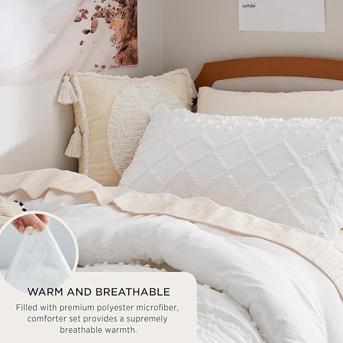 Bedsure Twin/Twin XL Comforter Set - White Boho Twin Extra Long Comforter Set for College, Shabby Chic Dorm Bedding Set, 2 Pieces Modern Farmhouse Bed Set, includes 1 Pillow Sham - LeafyLoom