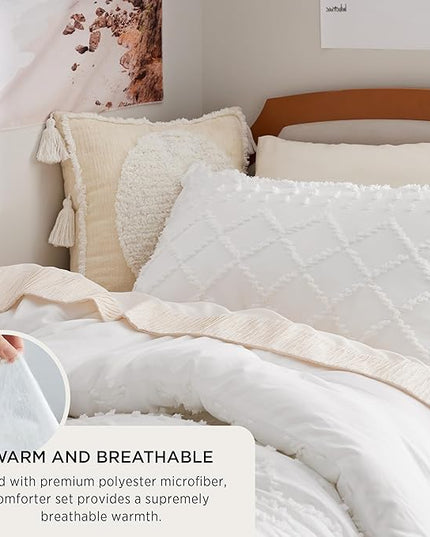 Bedsure Twin XL Comforter Set - White Twin Extra Long Comforter Set for College, Shabby Chic Dorm Bedding Set, 2 Pieces Boho Farmhouse Bed Set, includes 1 Pillow Sham - LeafyLoom