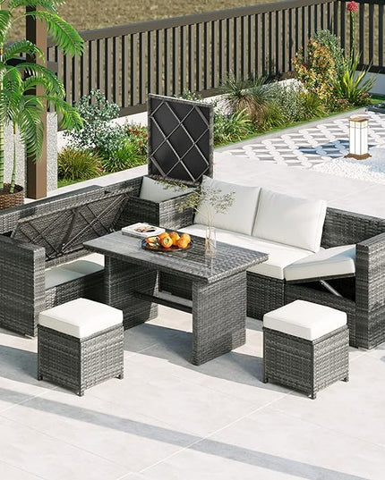 Outdoor Furniture 6-Piece Patio Sofa Set, All Weather PE Rattan Sectional Couch with Tempered Glass Dining Table, Adjustable Seat, Storage Box&Removable Covers, for Garden Backyard, 1, Beige - LeafyLoom