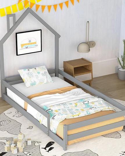 Bellemave Twin Size House-Shaped Headboard Floor Bed with Fences, Wooden Montessori Bed for Kids,House Bed Twin Frame for Girls,Boys (Gray) - LeafyLoom