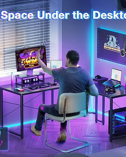 Casaottima L Shaped Gaming Desk with Monitor Stand, Corner Desk Gaming Table for Home Office, Computer Desk Sturdy Writing Workstation for Small Space, 51 inch, Carbon Fiber Surface, Black - LeafyLoom