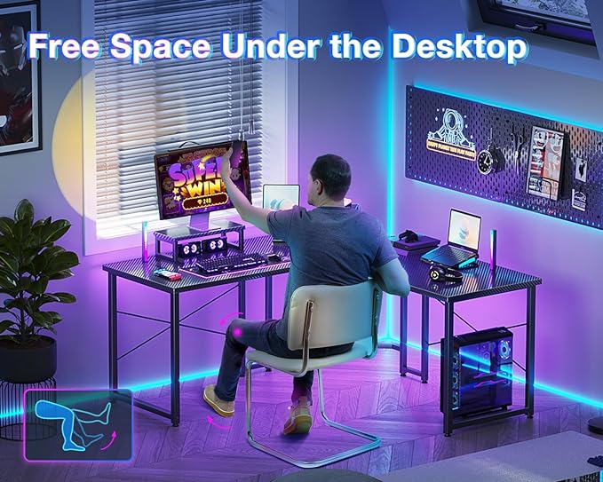 Casaottima L Shaped Gaming Desk with Monitor Stand, Corner Desk Gaming Table for Home Office, Computer Desk Sturdy Writing Workstation for Small Space, 51 inch, Carbon Fiber Surface, Black - LeafyLoom