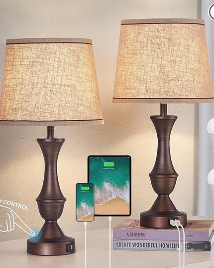 Luvkczc Table Lamps for Bedrooms Set of 2, Touch Bedside Lamps with USB C+A Ports, 3-Way Dimmable Nightstand Lamps for Bedroom, Living Room, Bulbs Included - LeafyLoom