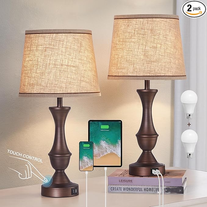 Luvkczc Table Lamps for Bedrooms Set of 2, Touch Bedside Lamps with USB C+A Ports, 3-Way Dimmable Nightstand Lamps for Bedroom, Living Room, Bulbs Included - LeafyLoom