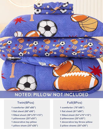 Mooreeke Bed in a Bag for Kids Boys Teens, 8 Pieces Full Size Comforter Bed Set with Shams, Sheet Set and Decorative Toy Pillow, Balls Blue Super Soft Microfiber Kids Comforter Bedding Set - LeafyLoom