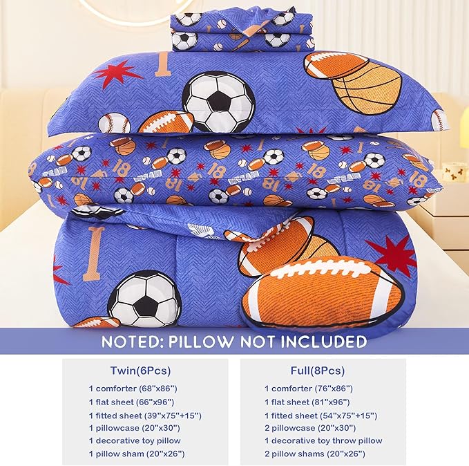 Mooreeke Bed in a Bag for Kids Boys Teens, 8 Pieces Full Size Comforter Bed Set with Shams, Sheet Set and Decorative Toy Pillow, Balls Blue Super Soft Microfiber Kids Comforter Bedding Set - LeafyLoom