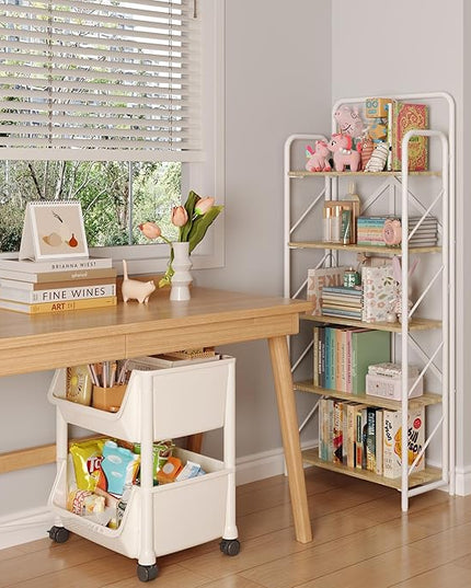 JSB No Assembly Folding Bookshelf, 5 Tier Industrial Metal Book Shelf for Storage, Vintage Wood foldable Bookcase for Living Room, Bedroom, Office Organization Shelves - LeafyLoom