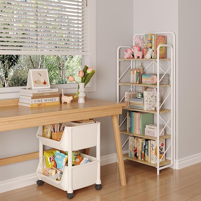 JSB No Assembly Folding Bookshelf, 5 Tier Industrial Metal Book Shelf for Storage, Vintage Wood foldable Bookcase for Living Room, Bedroom, Office Organization Shelves - LeafyLoom