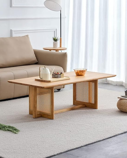 Rattan Coffee Table Rectangular Solid Wood Coffee Table with Cross Table Legs for Living Room Furniture - LeafyLoom