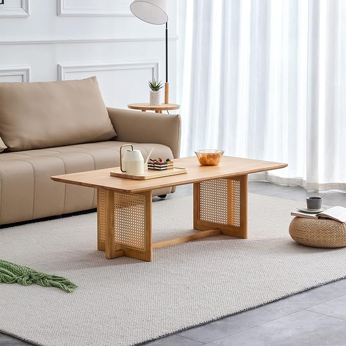 Rattan Coffee Table Rectangular Solid Wood Coffee Table with Cross Table Legs for Living Room Furniture - LeafyLoom