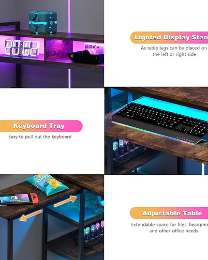 Lvifur RGB Gaming Desk with Wireless Charging Station,7 Dynamic & 24 Static Dimmable Computer Desk with Movable Table, 55'' Home Office Small Desk with Keyboard Tray,Monitor Stand,Display Stand - LeafyLoom