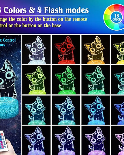 Cat Night Light Cat Gifts for Kids 3D Cat Lamp Kids Bedside Lamp 16 Color Change Decor Lamp with Remote & Smart Touch, Gifts for Christmas Birthday Boys Girls - LeafyLoom