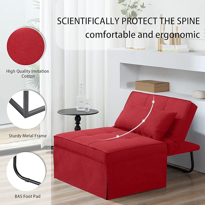 Sofa Bed, 4 in 1 Multi-Function Folding Ottoman Breathable Linen Couch Bed with Adjustable Backrest Modern Convertible Chair for Living Room Apartment Office,Red - LeafyLoom