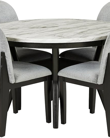 RITSU 5 Piece Round Set, Solid Wood Dining Table with Storage Shelf and 4 Upholstered Chairs, for Kitchen Farmhouse, Apartment, Restaurant, Gray - LeafyLoom