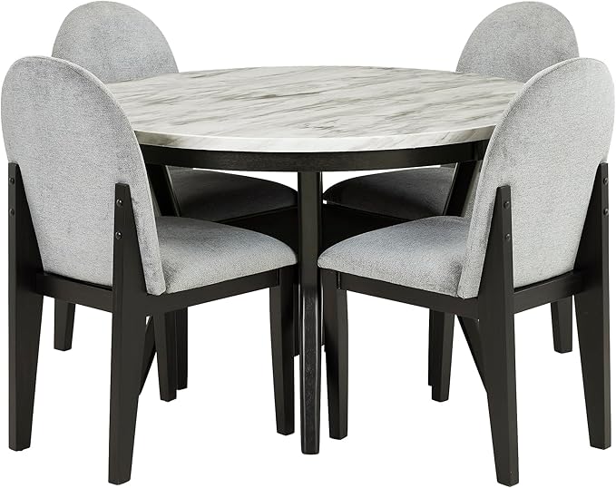 RITSU 5 Piece Round Set, Solid Wood Dining Table with Storage Shelf and 4 Upholstered Chairs, for Kitchen Farmhouse, Apartment, Restaurant, Gray - LeafyLoom