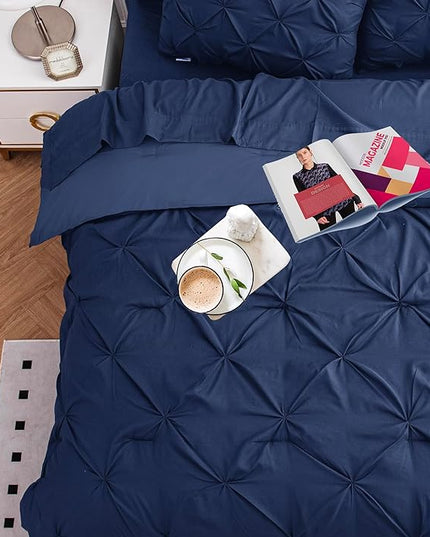 Lane Linen King Size Comforter Set, 7 Piece Bedding King Size, Pintuck King Bed in a Bag Set, Soft King Size Bed Set, Pinch Pleated King Size Comforter Set with Sheets, Pillowcases & Shams - Navy Blue - LeafyLoom