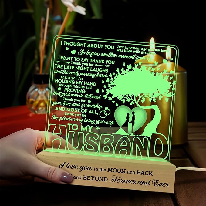 to My Husband Gifts from Wife LED Lamp, Romantic Valentines Gift 3D Illusion Lamp Wood Base USB Powered Acrylic Night Light, Husband Gifts, Fathers Day Presents for Him Husband - LeafyLoom