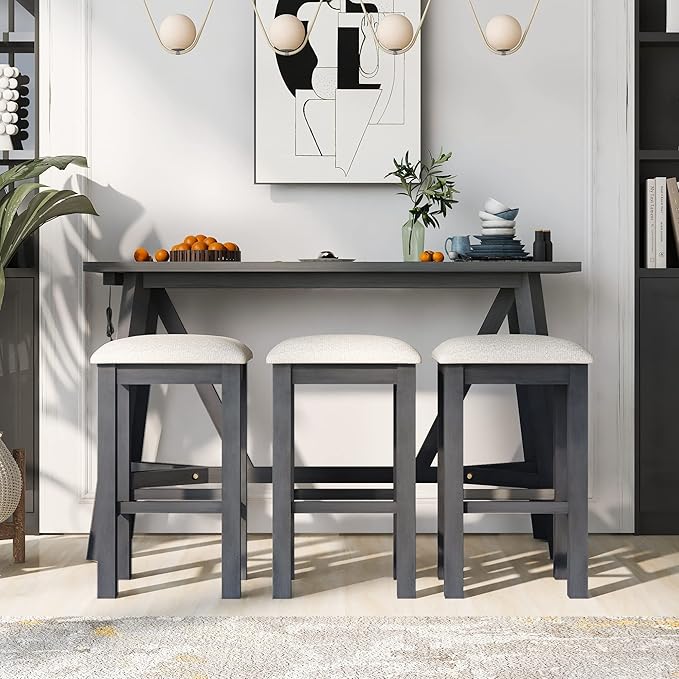 NicBex Kitchen Table Chairs Set of 4 Dining Table Set Multipurpose Home Kitchen Dining Bar Table Set with 3 Upholstered Stools for Home & Kitchen Dining Room, Gray - LeafyLoom