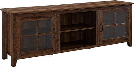 Walker Edison Portsmouth Classic 2 Glass Door Stand for TVs up to 80 Inches, 70 Inch, Dark Walnut - LeafyLoom