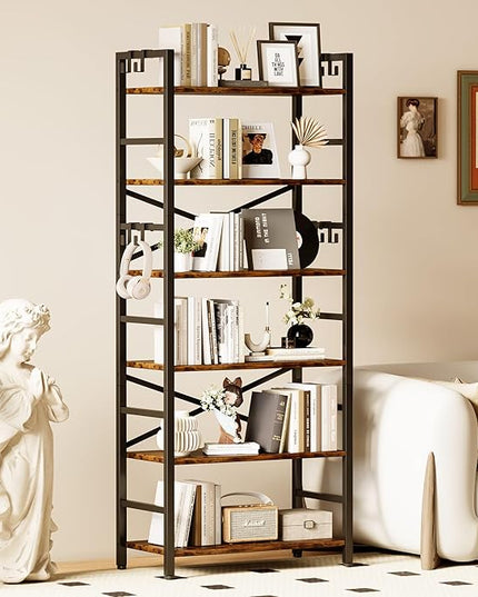 6 Tier Bookshelf, Industrial Bookcase with 8 Hooks, Vintage Storage Rack with Open Shelves, Rustic Standing Bookshelves Metal Frame Display Rack for Living Room, Bedroom, Rustic Brown - LeafyLoom