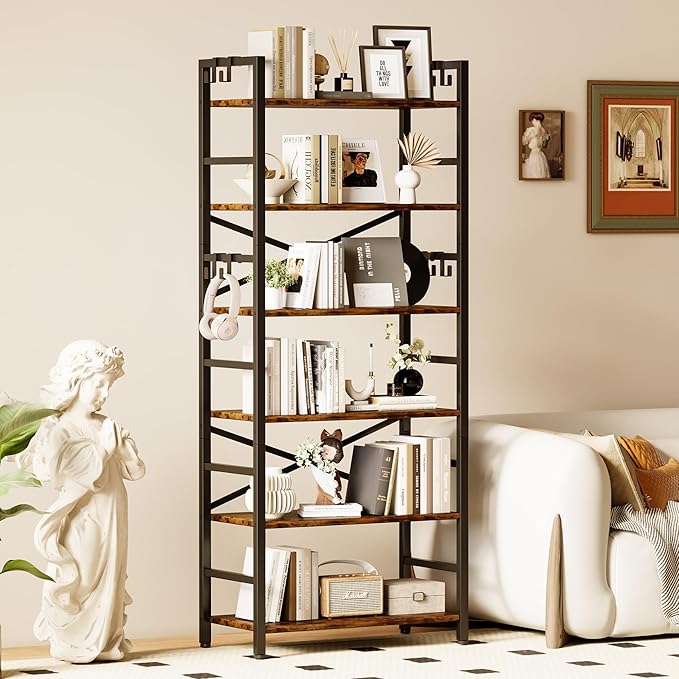 6 Tier Bookshelf, Industrial Bookcase with 8 Hooks, Vintage Storage Rack with Open Shelves, Rustic Standing Bookshelves Metal Frame Display Rack for Living Room, Bedroom, Rustic Brown - LeafyLoom