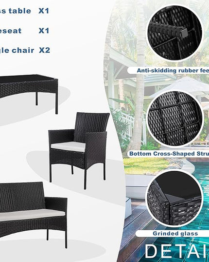Shintenchi 4 Piece Outdoor Patio Furniture Sets, Small Wicker Patio Conversation Furniture Rattan Chair Set with Tempered Glass Coffee Table for Backyard Porch Garden Poolside Balcony - LeafyLoom