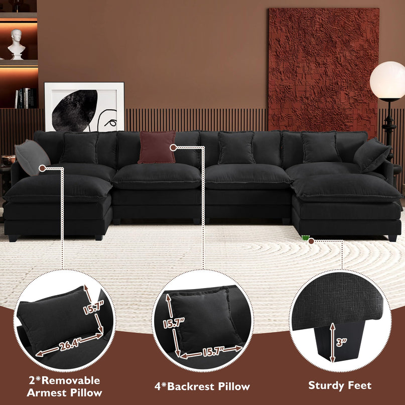 Ihanherry 111.4" L Shaped Modern Sofa Modular Sectional Cloud Couch with Ottoman, 4-Seat Chenille Deep Seat Sofa with Pillow for Living Room, Bedroom and Apartment, Beige LeafyLoom