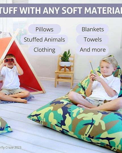 Butterfly Craze Bean Bag Chair Cover, Functional Toddler Toy Organizer, Fill with Stuffed Animals to Create a Jumbo, Comfy Floor Lounger for Boys or Girls, Stuffing Not Included, Camo - LeafyLoom
