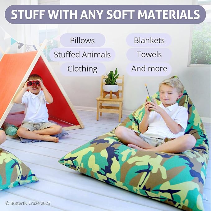 Butterfly Craze Bean Bag Chair Cover, Functional Toddler Toy Organizer, Fill with Stuffed Animals to Create a Jumbo, Comfy Floor Lounger for Boys or Girls, Stuffing Not Included, Camo - LeafyLoom