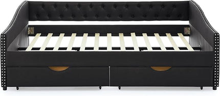 Queen Size Daybed with 2 Drawers, Upholstered Tufted Day Bed, with Button Back and Waved Shape Arms, Wood Slat Support, No Spring Box Need, for Bedroom, Livingroom - LeafyLoom
