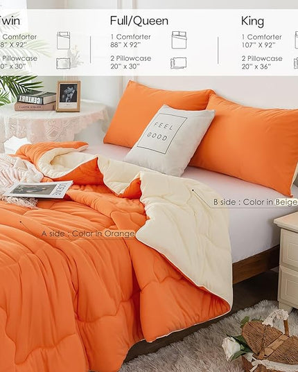 COTTEBED Reversible Ultra-Soft Bright Orange Beige Twin Comforter Set for Girl Boy Kid Dorm, Jersey Knit T-Shirt Feel Cute Lightweight Cozy Comfy Bedding Blanket Down Conforter All Season Twin/Twin XL - LeafyLoom