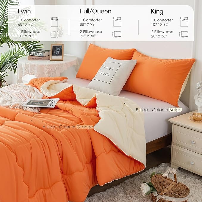 COTTEBED Reversible Softness Bright Orange and Beige King Size Comforter Set Clearance, Jersey Knit T-Shirt Feel California King Cozy Bedding Down Blanket Quilt & Pillowsham for Women Men All Season - LeafyLoom