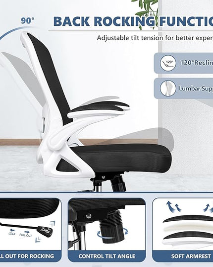 Office Chair Desk Chair, Ergonomic Mesh Computer Chair Home Office Desk Chairs, Swivel Task Chair Mid Back Breathable Rolling Chair with Adjustable Lumbar Support Flip Up Armrest (White) - LeafyLoom