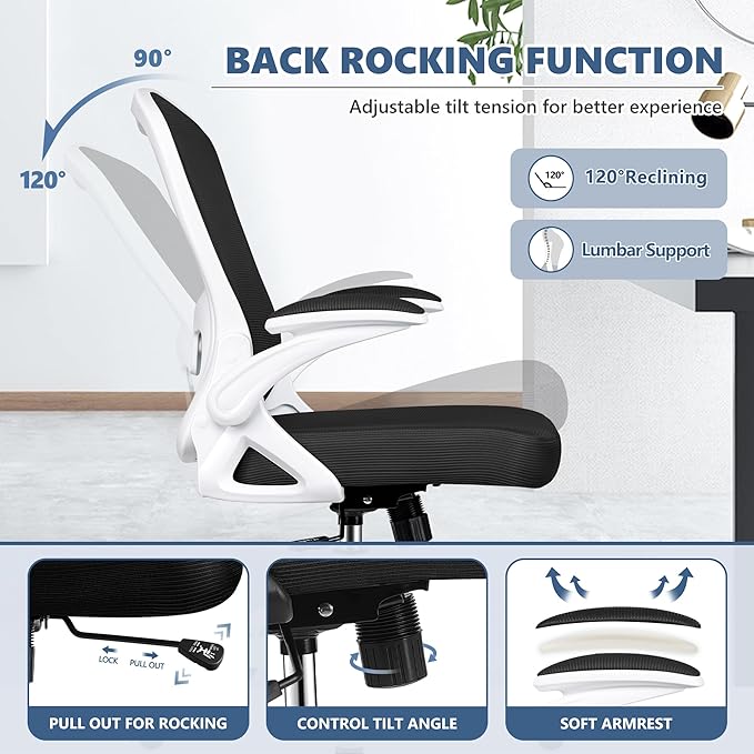 Office Chair Desk Chair, Ergonomic Mesh Computer Chair Home Office Desk Chairs, Swivel Task Chair Mid Back Breathable Rolling Chair with Adjustable Lumbar Support Flip Up Armrest (White) - LeafyLoom