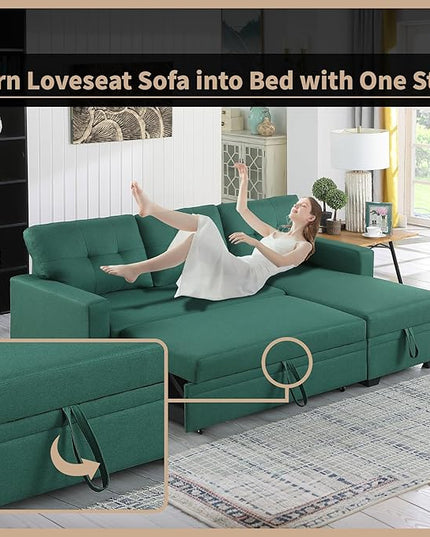 4-in-1 Modular Sofa Bed Pull Out Convertible Living Room Furniture Sets Upholstered, L Shaped Sectional Comfy Couch with Reversible Storage Chaise for Apartment, Studio, Office - Green - LeafyLoom