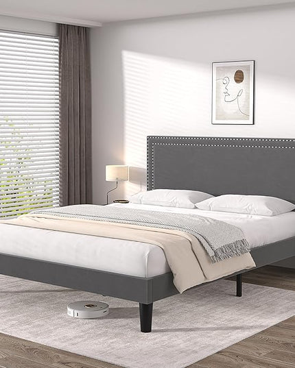 VECELO Full Size Platform Bed Frame with Height Adjustable Upholstered Headboard, Modern Mattress Foundation,Strong Wood Slat Support, No Box Spring Needed, Easy Assembly - LeafyLoom