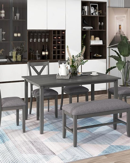 Wooden Rectangular, 4 Fabric Chairs, and Bench Family Furniture, for Playroom, Living Room, Home Bar, and Kitchen, 6 Piece Dining Table Set, Gray 13 - LeafyLoom