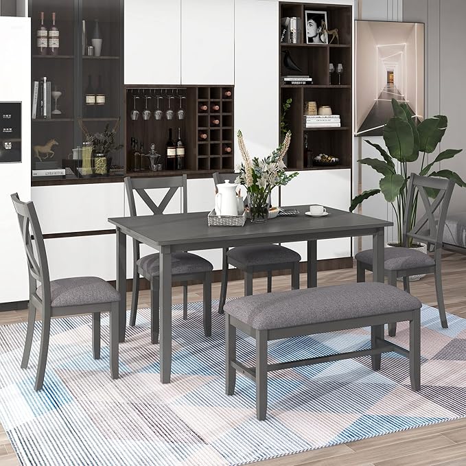 Wooden Rectangular, 4 Fabric Chairs, and Bench Family Furniture, for Playroom, Living Room, Home Bar, and Kitchen, 6 Piece Dining Table Set, Gray 13 - LeafyLoom