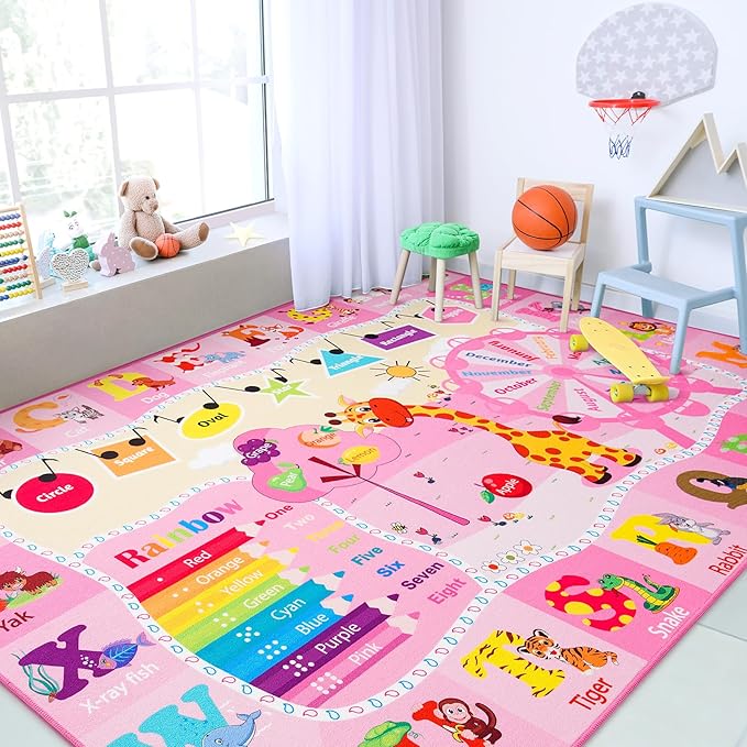 Chicrug Educational Kid Area Rug for Playroom, 4x6 Feet TPR Non Slip Kids Classroom Carpet Rug for Learning ABC Animal, Shape Color Fruit, Washable Play Mat Rug for Children Nursery Toddler Room Decor - LeafyLoom