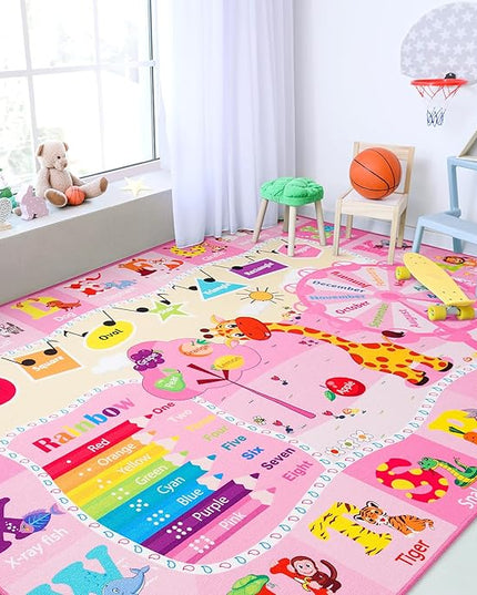 Chicrug Educational Kid Area Rug for Playroom, 5x7 Feet TPR Non Slip Kids Classroom Carpet Rug for Learning ABC Animal, Shape Color Fruit, Washable Play Mat Rug for Children Nursery Toddler Room Decor - LeafyLoom