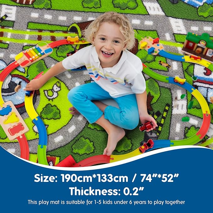 Jackson Car Mat for Kids Toy Cars,52"x 74" Train Rug Play Mat with Non-slip Backing, Kids Car Rug Play Mat for Playroom Large Car Rug Train Rug Play Mat for Children - LeafyLoom