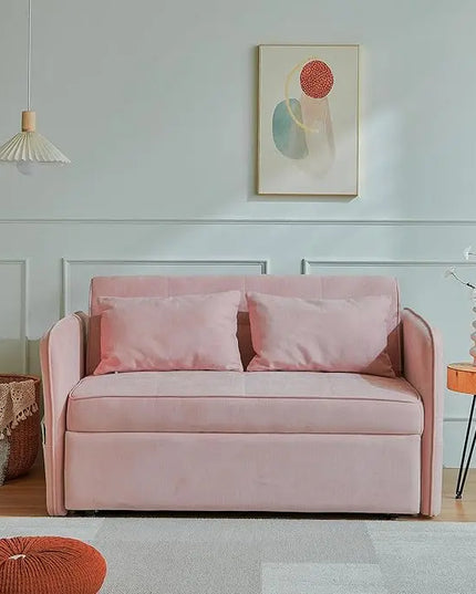3-in-1 Multi-Functional Convertible Sofa, Chenille Sleeper Couch Pull-Out Bed, Loveseat Chaise Lounge with Adjustable Armrest and Reclining Backrest for Living Room, Small Space, Pink 53.5" - LeafyLoom