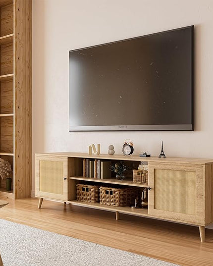 Media TV Stands for 75+ Inch TV,Entertainment Center with Adjustable Shelf, Rattan TV Console with 2 Cabinets,Mid Century Modern TV Console Table for Living Room Bedroom - LeafyLoom